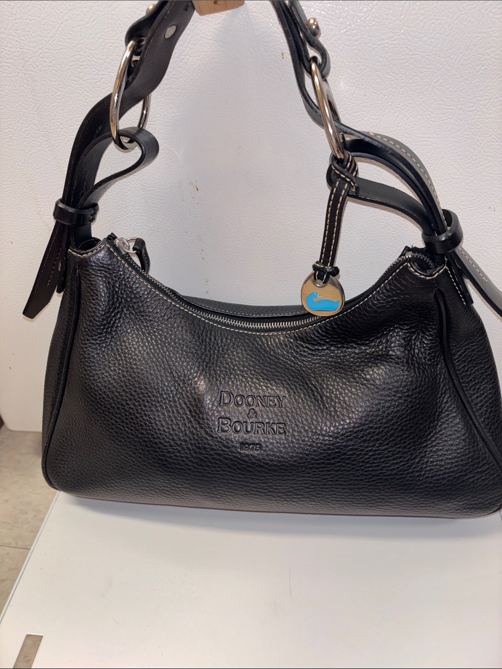 Dooney & Bourke Black Pebbled Leather Hobo Shoulder Bag with Logo Charm